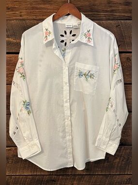 Vintage 90s boho floral embroidered long sleeve blouse eyelet sequined Lg